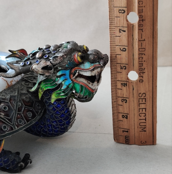 Chinese Export Dragon Ashtray Sterling Silver Enamel Jade Rim 332gr - Picture 7 of 16